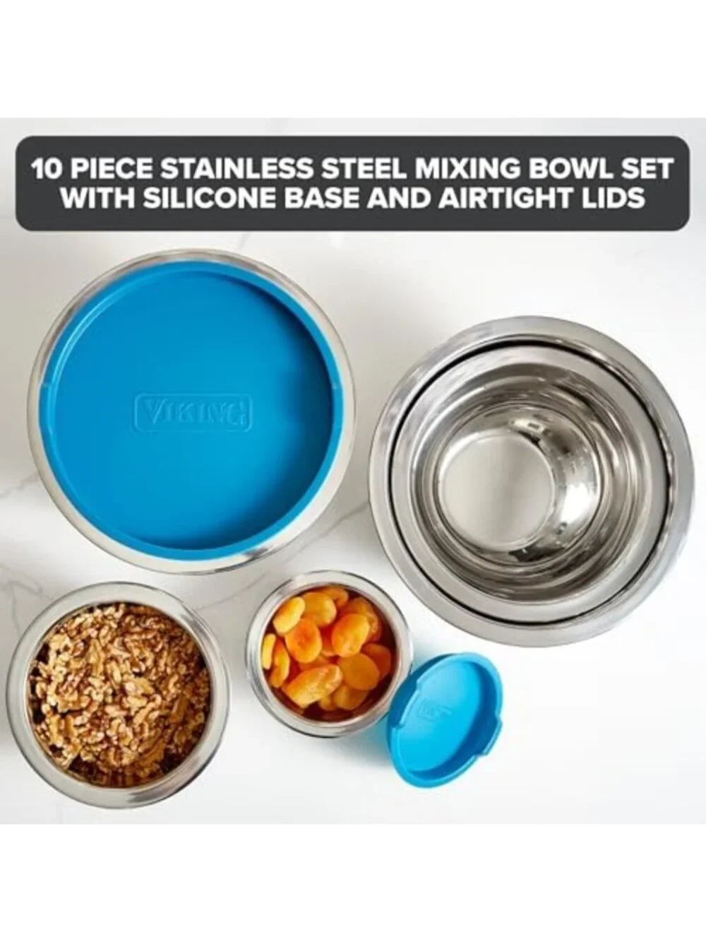 10-Piece Stainless Steel Mixing Bowls Set with Non-Slip Silicone Base & Lids